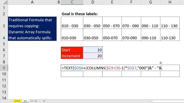 Excel Formula for Text Number Label with Lead Zeroes: 010-030, 030-050, 050-070 - EMT 1612 смотреть онлайн