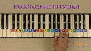 Новогодние игрушки, свечи и хлопушки. Как играть на пианино. Ноты цифрами
