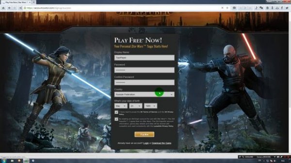 регистрация в игре Star Wars - The Old Republic