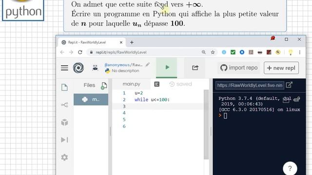 Python Algorithme de seuil avec suite récurrente - Un classique ! plus petit entier n tel que Un⩾10 смотреть онлайн