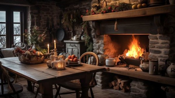 Cozy Kitchen Ambience 🔥   Cozy Fireplace & Kitchen Ambience Sounds   CottageCore