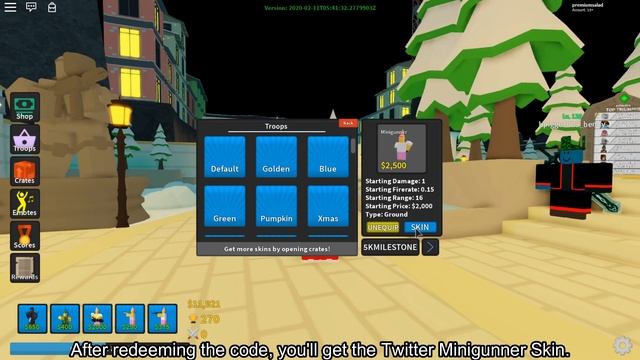 CODE FOR THE TWITTER MINIGUNNER SKIN IN TOWER IN TOWER DEFENSE SIMULATOR! [ROBLOX] смотреть онлайн