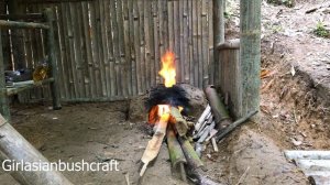sequel to survival camping girlasian build a bamboo house, (make bamboo dining table)