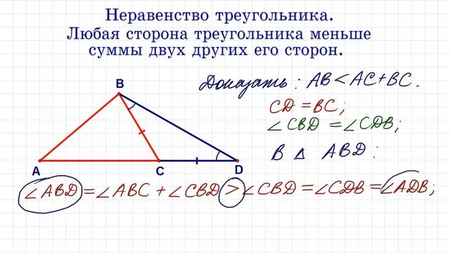Неравенство треугольника ★ Любая сторона треугольника меньше суммы двух других сторон смотреть онлайн
