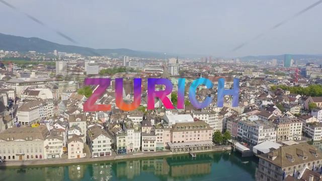 Inscription on video. Zurich, Switzerland. Panorama of the city from the air. St. Peter Church. Lig смотреть онлайн
