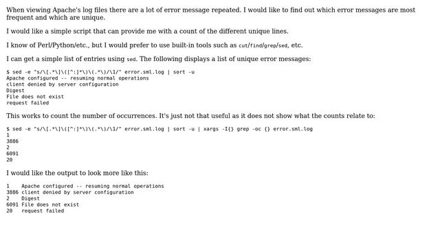 I want to get a count of unique entries in the Apache error logs on смотреть онлайн