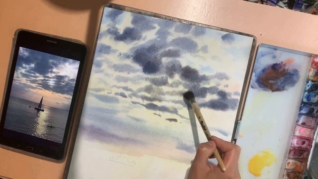 Как нарисовать акварельную картину | Парусная лодка, облака и море | Урок рисования Акварель смотреть онлайн