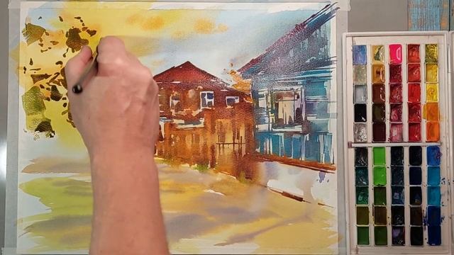 Краски осени, тихая улочка, рисуем акварелью смотреть онлайн