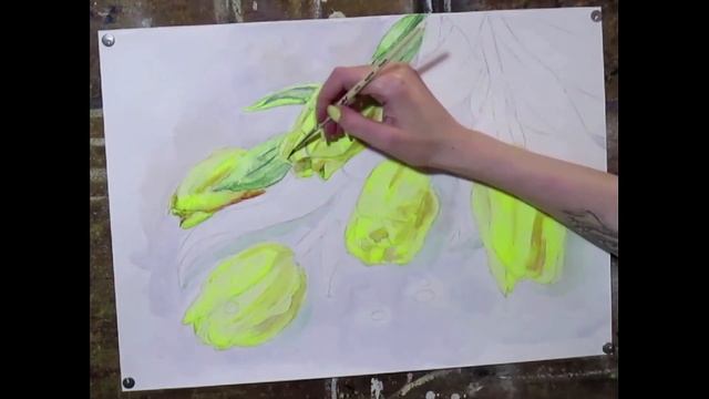 Акварель. Жёлтые тюльпаны. смотреть онлайн