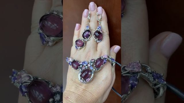 Зажигаем! Сочный РОДОЛИТ (кварц). Колье, длинные серьги и кольцо. СЕРЕБРО ВЕГА! смотреть онлайн