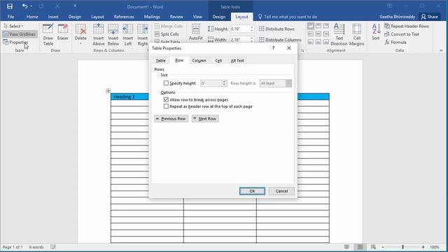How to Repeat Heading Row of Table on each page in a document in Word 2016 смотреть онлайн