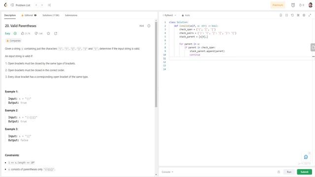 LeetCode | Task "20. Valid Parentheses" | Python solution смотреть онлайн