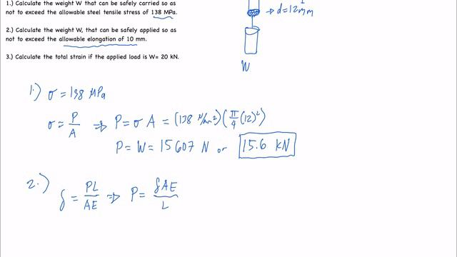 A steel bar carries an ore bucket of weight W hanging at its lower end. Given: Bar diameter=12 mm смотреть онлайн