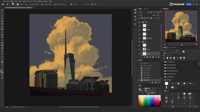 Photoshop Paint Over Photo Evening Skyscraper of Menara Merdeka Digital Painting Timelapse смотреть онлайн