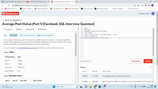 20 Average Post Hiatus Part 1 Facebook SQL Interview Question смотреть онлайн