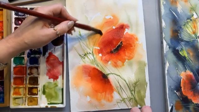 Процесс рисования, маки, полевые цветы акварелью, для начинающих. смотреть онлайн