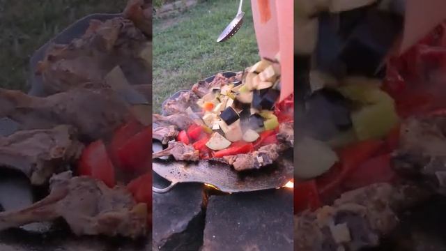 Баранина (пистолетики) с тушёными овощами в садже. И куриные крылышки на мангале. смотреть онлайн
