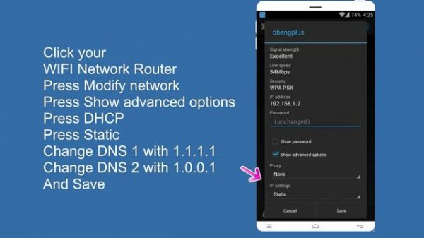Update setting Cloudflare 1.1.1.1 Android Smartphone with WIFI Internet, iPhone, Android