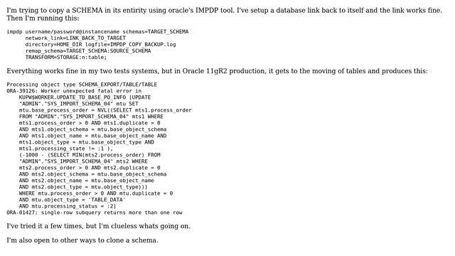 Databases: Trying to copy a schema using impdp смотреть онлайн