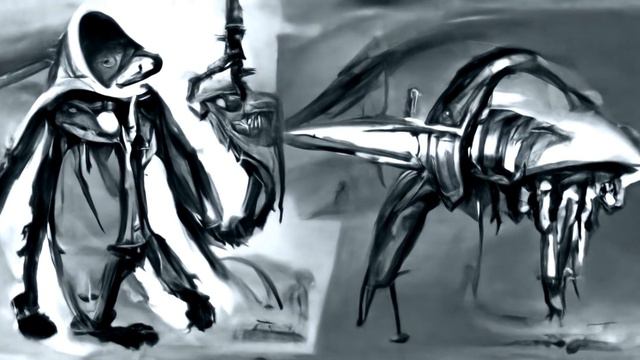 "A detailed concept art of an anthropomorphic hooded creature wielding an alien weapon" смотреть онлайн