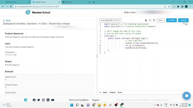 Newton School Assignment Answer | Simple Input Integer | Datatypes & Variables, Operators | Java смотреть онлайн