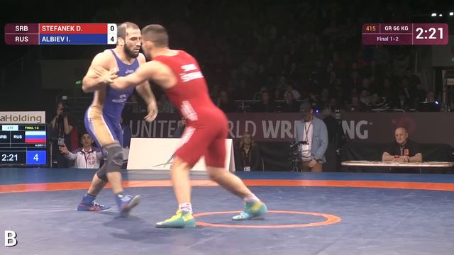GOLD GR - 66 Kg: I. ALBIEV (RUS) Df. D. STEFANEK (SRB) By TF, 9-0