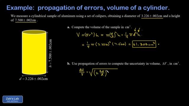 Uncertainty using the propagation of error formula: volume of a cylinder in terms of diameter. смотреть онлайн