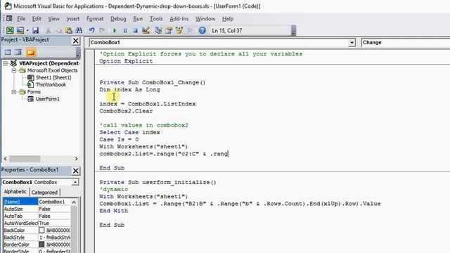 Excel VBA Combo Boxes Dependency used dynamically in USERFORM (Tutorial) смотреть онлайн