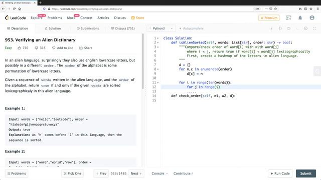 Leetcode 953: Verifying an alien dictionary (Python3) смотреть онлайн