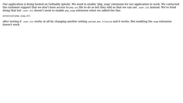 Webmasters: How to enable a the php_soap extension from .user.ini (no acces to php.ini)? смотреть онлайн