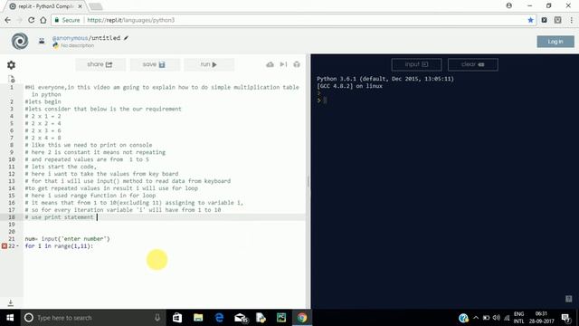 Python Tutorial - Get Multiplication Table on console using PYTHON смотреть онлайн