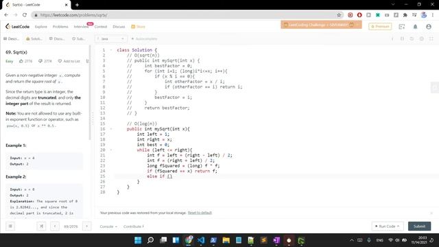 LeetCode 69. Sqrt(x) | O(log(n)) Solution | Easy #2.1 смотреть онлайн