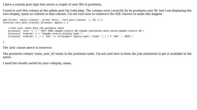 Wordpress: SQL to order by CPT results by user-＞display_name w/only user-＞ID known смотреть онлайн