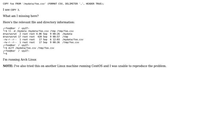 Cannot read from /tmp with PostgreSQL COPY, but able to read the same file from another... смотреть онлайн