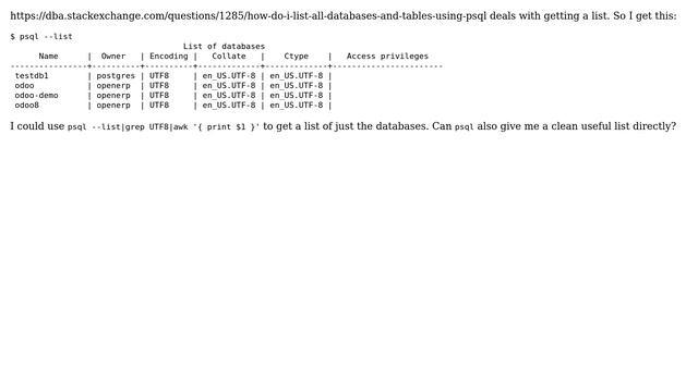 Databases: How do I list all databases and tables using psql in a pipable format? смотреть онлайн