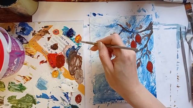 Как нарисовать шиповник | Зимняя картина акрилом смотреть онлайн