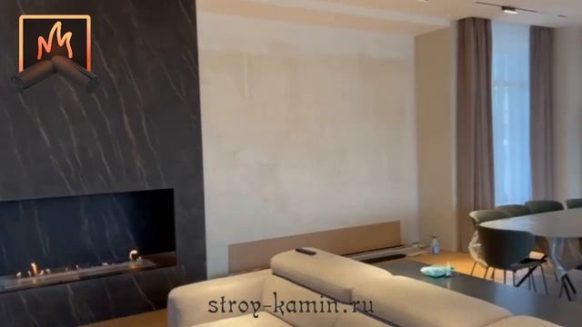 Современное оформление гостиной биокамином в загородном доме КП Вилладж: проект, монтаж под ключ смотреть онлайн