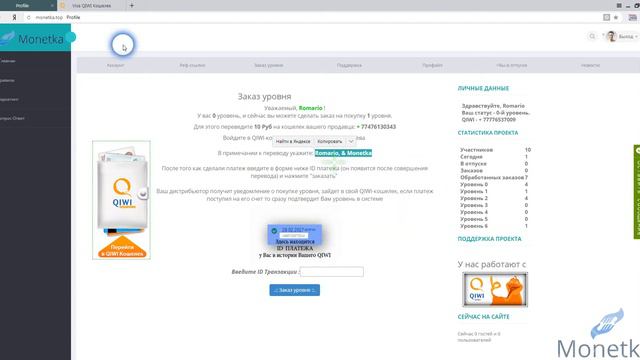 Как сделать заказ уровня в проекте Monetka.top смотреть онлайн