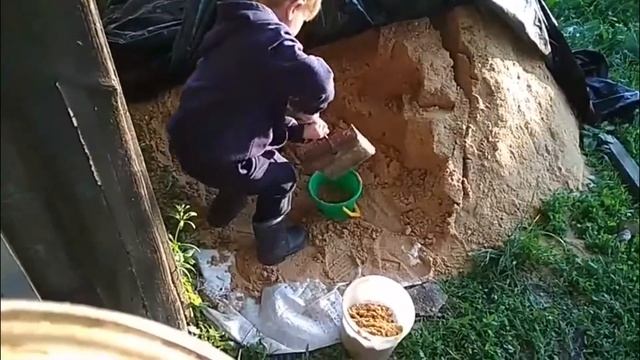 Денис носит песок для своей песочницы