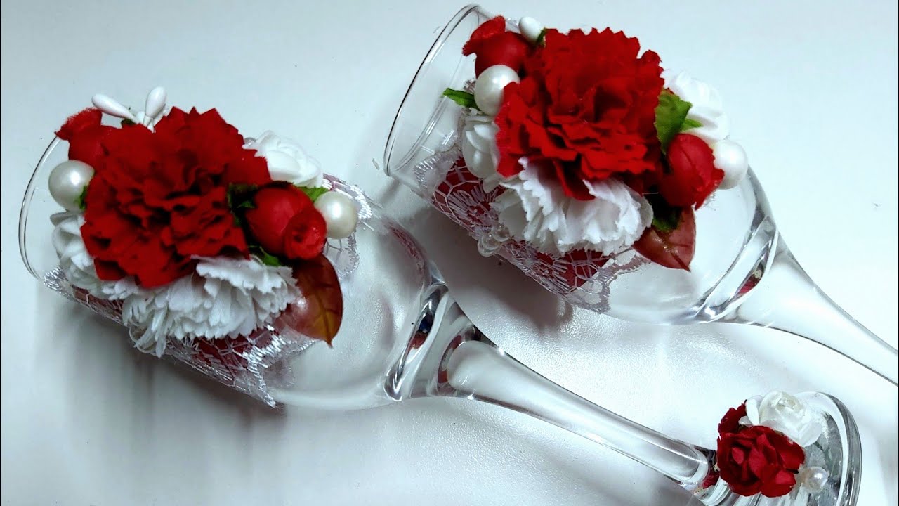 Оформление свадебных бокалов в красном цвете Мастер Класс. смотреть онлайн