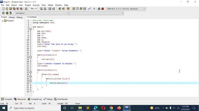 C++ Program to Delete Element from Array and print the Array смотреть онлайн