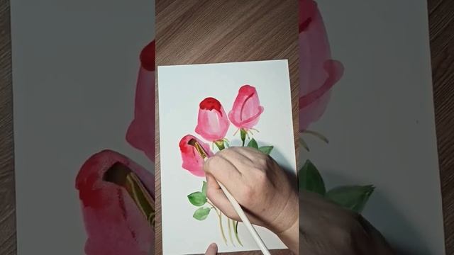 Три розовых бутона, как нарисовать красками. смотреть онлайн