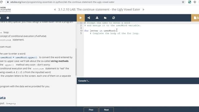 Python Essentials 3.1.2.10 Lab the continue statement ugly vowel eater смотреть онлайн