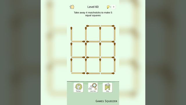 Brainologic Level 60 Take Away 4 Matchsticks To Make 5 Equal Squares | Games Squeezer смотреть онлайн