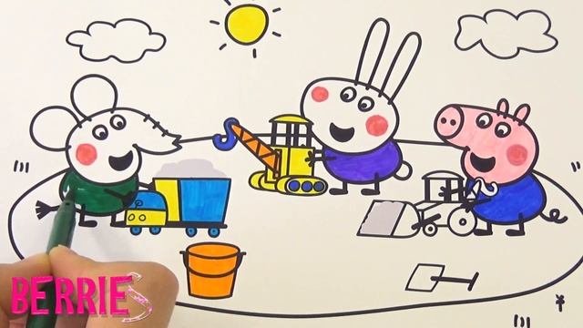 Джордж и его друзья играют в песочнице - Раскраска для детей Свинка Пеппа | Color&Berries