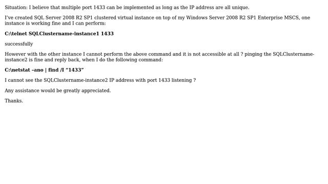 Databases: Unable to telnet to port 1433 in SQL Server clustered instance? смотреть онлайн