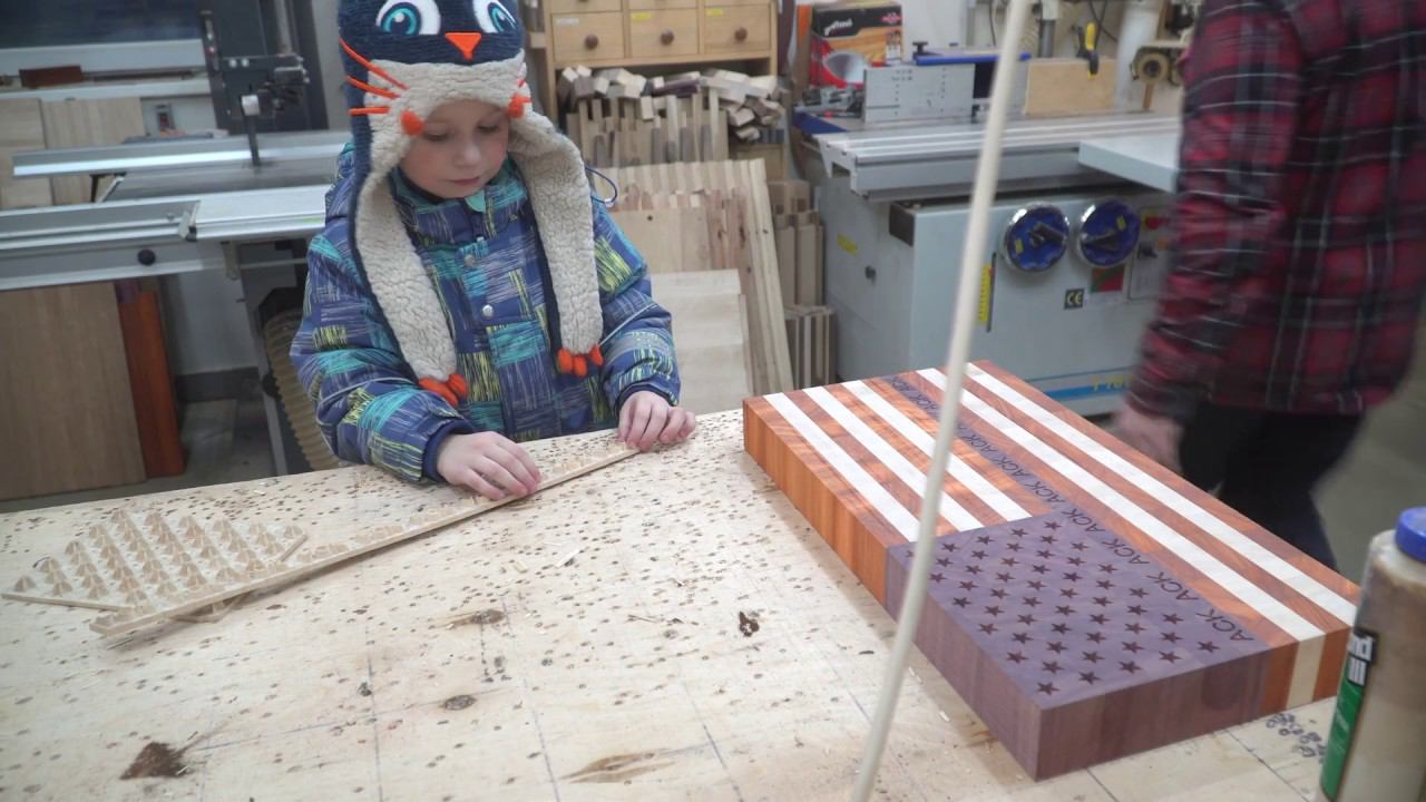 Matvei is helping to make US flag end grain cutting board смотреть онлайн
