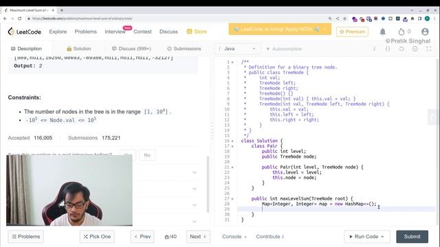 Leetcode #100 - Maximum Level Sum Of Binary Tree - Java Solution смотреть онлайн
