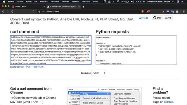 Convirtiendo un request desde chrome a curl y luego a python смотреть онлайн