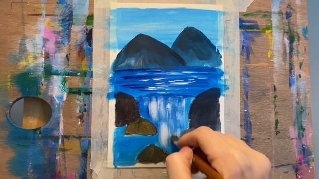 Как нарисовать водопад | Простой рисунок для детей акрилом • Waterfall | Easy painting for kids смотреть онлайн